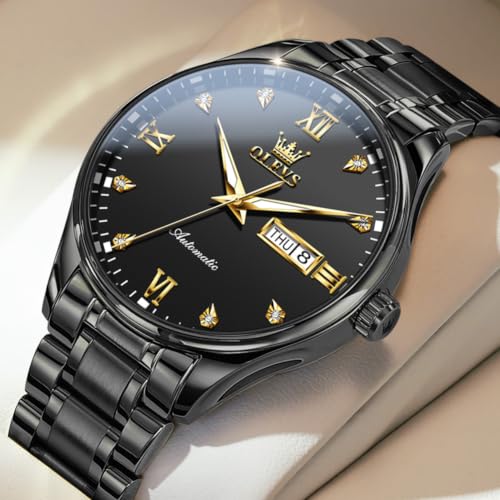 Image of OLEVS Automatic Watches for Men Self Winding Mechanical Classic Diamond Business Luxury Dress Stainless Steel Waterproof Calendar Mens Watch
