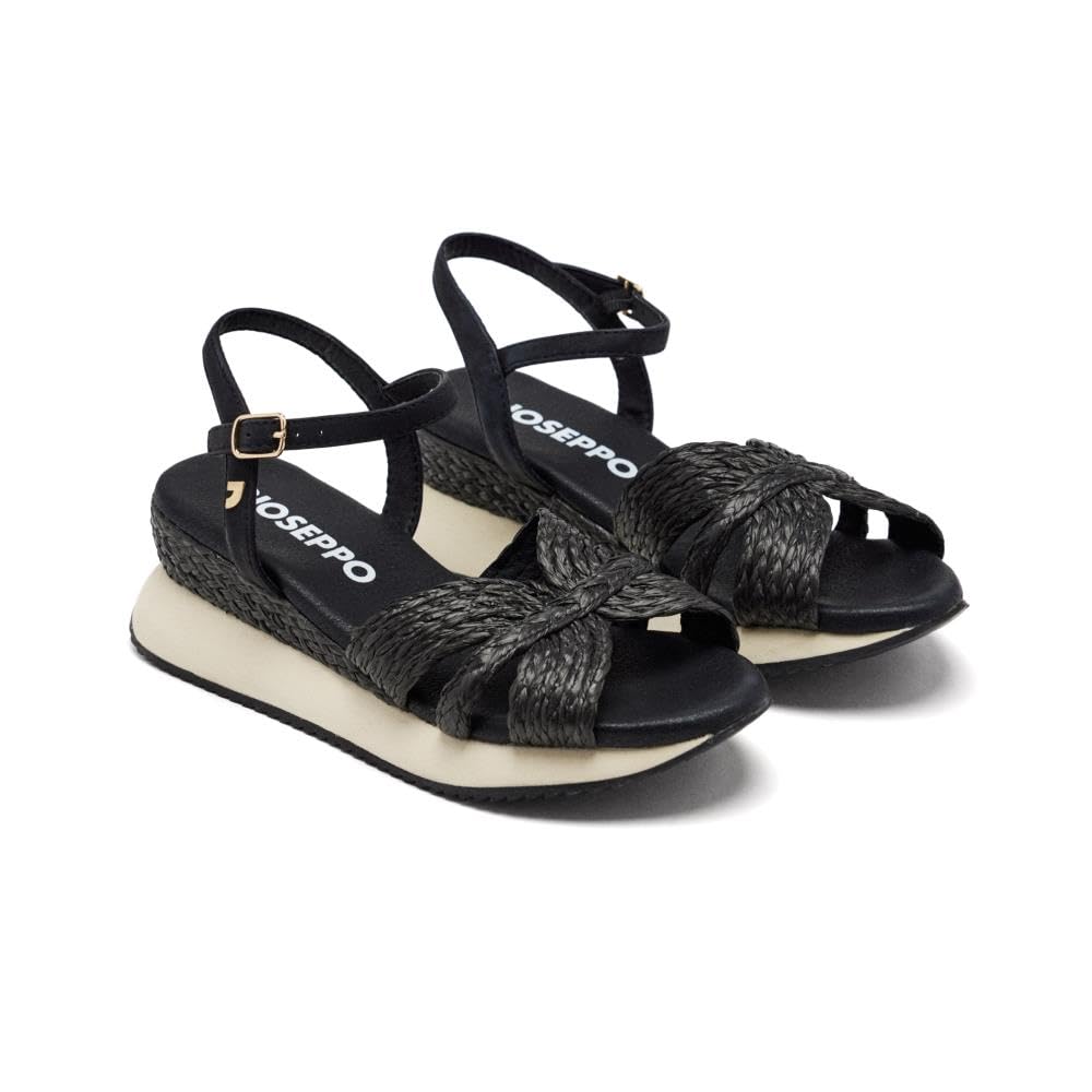 GIOSEPPO Raffia Wedge Sandals, Black, 6 UK