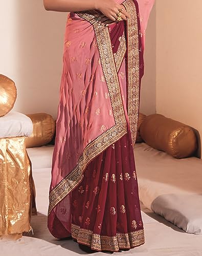 Image of SIRIL Women's Lace & Foil Printed Georgette Saree with Unstitched Blouse Piece(2826S471 Pink, Maroon)