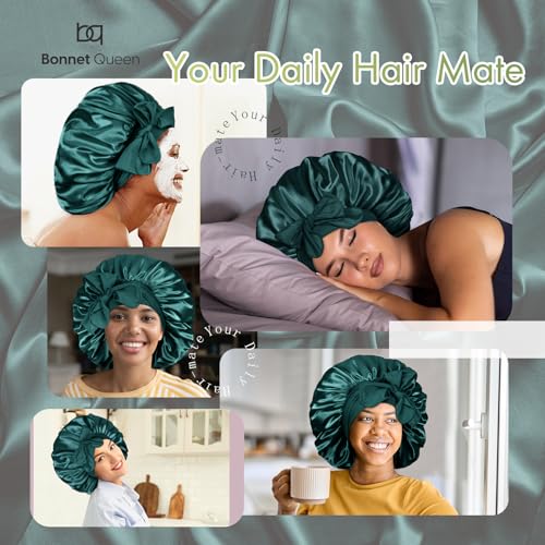Image of BONNET QUEEN Silk Bonnet for Sleeping Satin Bonnet Women Hair Wrap Night Sleep Cap Scarf Wrap for Curly Hair with Tie Band, Large, Green