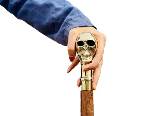 Alien Skull Handle Walking Stick Antique Brass Gothic Design, Gold