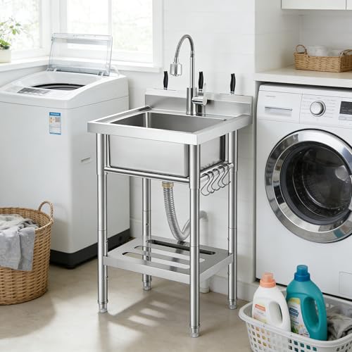 Stainless Steel Laundry Sink with Hot & Cold Water Pipes - Utility Sink with Storage Shelf for...