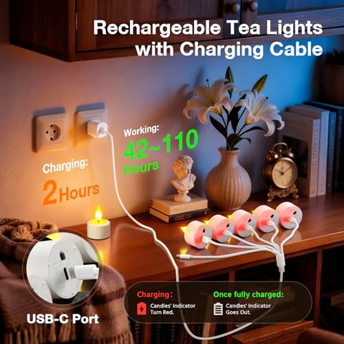 Image of PChero 6 Pack Rechargeable Flameless Tea Lights Candles with Remote Timer | Realistic LED Flickering Tea Lights with USB Rechargeable, Remote Timer, Adjustable Brightness for Home Decor