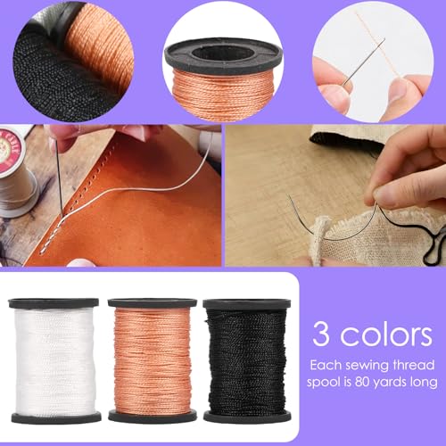 Kit de Costura con Hilo Encerado para Cuero, 3 Bobinas de Hilo de Nylon Encerado de 80 Yardas y Set de Agujas, para Reparación de Tapicería de Cuero miniatura 4