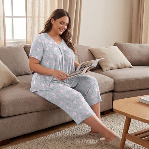 Image of Bestbee Women's Pajama Sets 2 Piece Lounge Outfits Summer Sleepwear V Neck Short Sleeve Capri Pant With Pockets Ladies Pjs