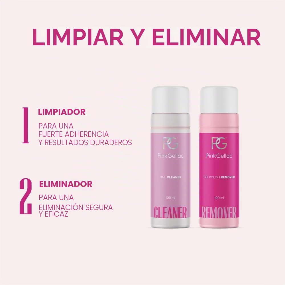 Pink Gellac Kit de Uñas Semipermanentes - Set de Manicura y Pedicura con Pro Lampara Uñas Semipermanentes Rosa, 1x Color Rosa 15 ml, Top Coat y Base Coat, Removedor y Limpiador - Calidad de Salón