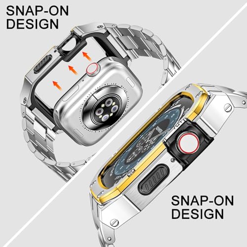 Image of BAITEYOU Stainless Steel Band with Case Compatible with Apple Watch Series SE 3 2 1 /6 5 4 (44mm), Series 3 2 1 (42mm), Metal Protective Bumper Rugged Cover for iWatch Bands Men (Silver /Gold)