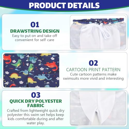Image of PROBEROS Kids Swimming Suit Set of 3 for Boys, Cartoon Dinosaur Swim Top, Shorts and Swim Cap, Elastic Drawstring Shorts, Quick Dry Polyester Swimsuit for Swim Class, Beach, Pool