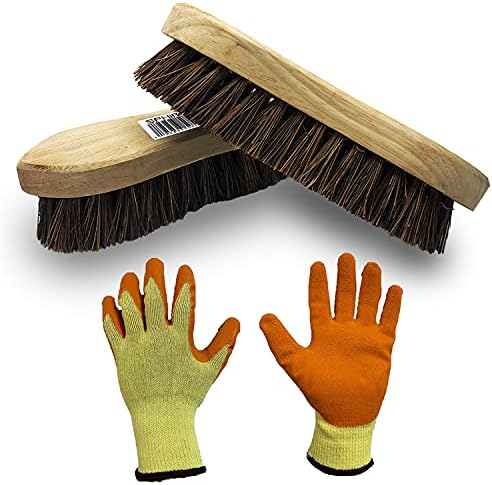 SPHIRES Pack of 2 Wooden Hand Scrubbing Brush Bassine Bristle Brush and A Pair of Orange Latex Palm Work Gloves Heavy Duty Floor Scrubber Cleaning Brush