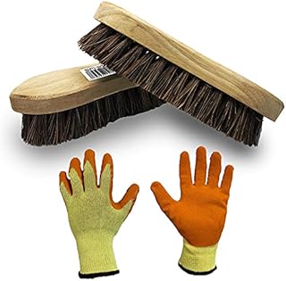 SPHIRES Pack of 2 Wooden Hand Scrubbing Brush Bassine Bristle Brush and A Pair of Orange Latex Palm Work Gloves Heavy Duty Floor Scrubber Cleaning Brush