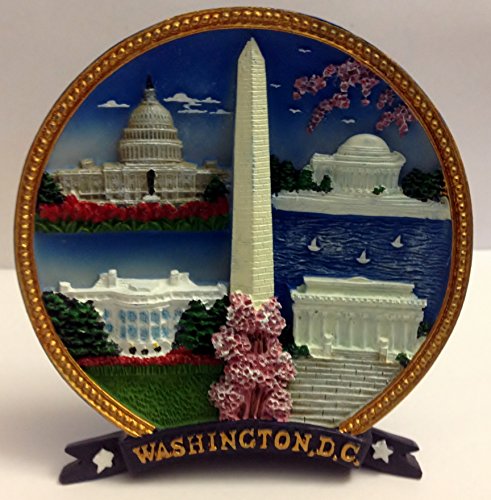 Colorful 3D Washington Monument, US Capitol, Jefferson Memorial, White House, Lincoln Memorial with Cherry Blossom Decorative Plate
