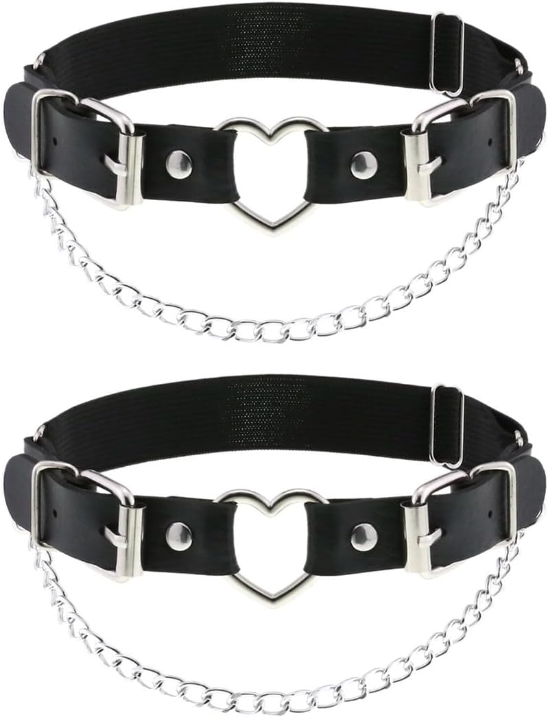 Women Thigh Garter Belt Gothic Leg Harness Heart with Chains Adjustable Elastic Belt 2PCS