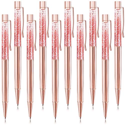 Ballpoint Pens, BYSOU 10 Pcs Rose Gold Metal Pen Refills Bling Dynamic Liquid Sand Pen Black Ink for Office Supplies (10 pieces)