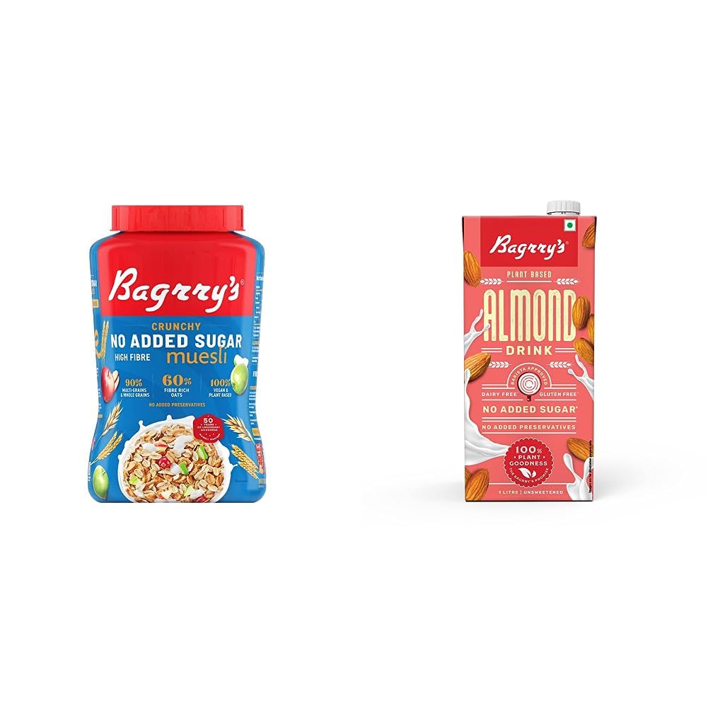 Bagrrys No Added Sugar Crunchy Muesli 1kg & Bagrrys Plant Based Almond Drink, Unsweetned 1l | Vegan | Gluten Free| Dairy free | No Added Sugar| Plant based milk | No Preservatives | Breakfast Cereals (B0CCVVJT81) Amazon Price History, Amazon Price Tracker