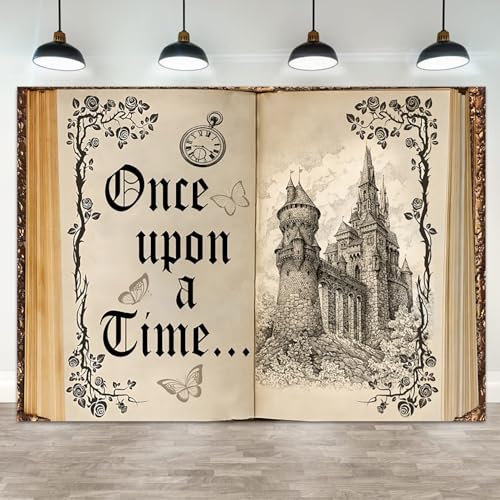 ASDCXZ 10x8ft Once Upon a Time Backdrop Fairy Tale Books Castle Princess Photography Background Once Upon a Time Birthday Baby Shower Decoration Storybook Wedding Party Banner