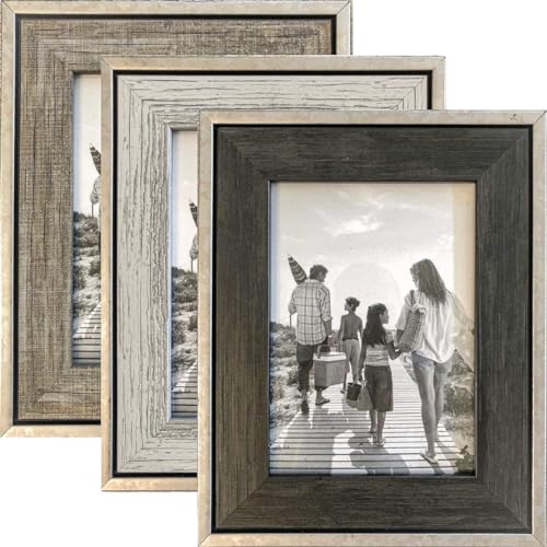 Image of Tasse Verre 5x7 Rustic Picture Frames 3-Pack, Distressed Farmhouse-Style Table Frame, Brushed Industrial Silver Metal Look Frame with Wood Looking Insert, Ready-to-Hang Hooks.