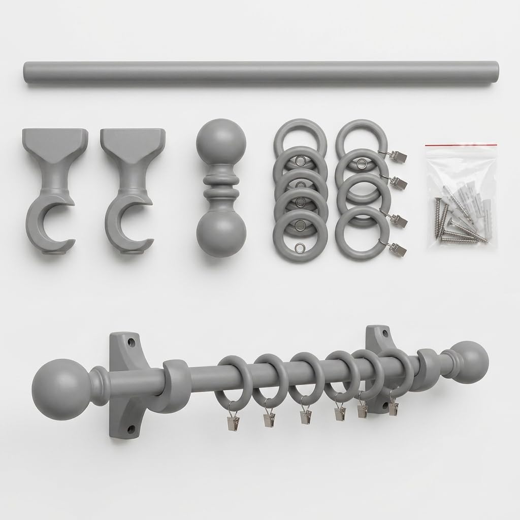 GBS Natural Wooden Curtain Pole Set – Eyelet Curtain Pole with Classic Ball Finials, Rings, Clips & Mounting Brackets, Complete Curtain Pole Kit for Bay Windows, Home & Office