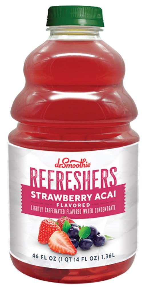 Dr. Smoothie Refreshers Strawberry Acai – Made with Real Fruit Juice – Drink Concentrate, No Artificial Colors, Shelf-Stable – Lightly Caffeinated with Green Coffee Extract (Six 46 oz Bottles)