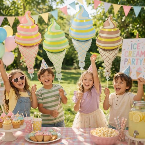 Image of Rozi Decoration Ice Cream Shape Foil Balloons Set of 4 for Birthday Parties Decoration, Colorful Cone Theme Balloons for Kids Celebration, Summer Party and Dessert Theme Decor (Multicolor)