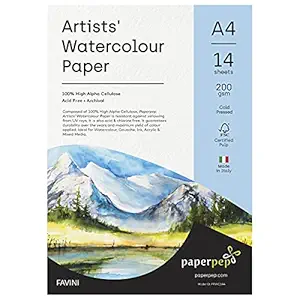 Artists' Watercolour Paper 200GSM Cold Pressed A4 Pack of 14 for Watercolour, Gouache, Ink, Acrylic, Wet & Mixed Media, Art Painting, Drawing for Artists' & Amateurs