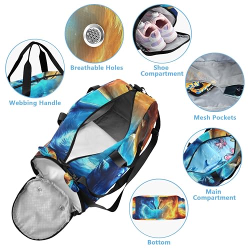 Travel Duffle Bag for Kids Boys Girls Wolf Fire Wolves Galaxy Sports Bag Overnighter Duffle Sleepover Weekender with Shoes Compartment3