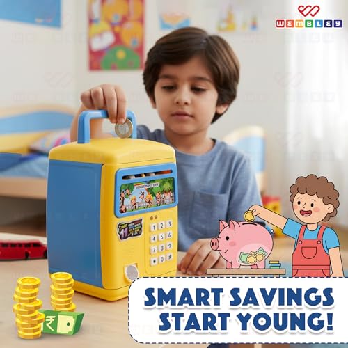 Image of Wembley Finger Print Sensor ATM Piggy Bank for Kids Girl Boys Gullak for Money Bank with Password & Music Auto Scroll Money Saving Box with Coin Cash Slot Gifts for Kids - Blue