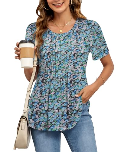 SENBATU Túnica Mujer Verano Manga Corta Cuello Redondo Camiseta Mujer Blusa Plisada Floral Azul Verde Small