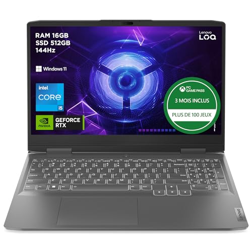 Lenovo LOQ 15IRH8 - Ordinateur Portable Gaming 15.6'' FHD 144Hz (Intel Core i5-12450H, RAM 16Go, SSD 512Go, NVIDIA GeForce RTX 4050-6GB, Windows 11 Home) Clavier AZERTY Français - Gris Foncé
