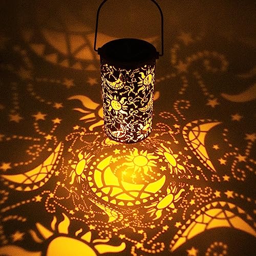 Faroles solares colgantes para exteriores, luces de sol, luna, decoración de metal, faroles decorativos LED impermeables para jardín, patio, césped, patio, porche, como regalo para mamá, abuela y