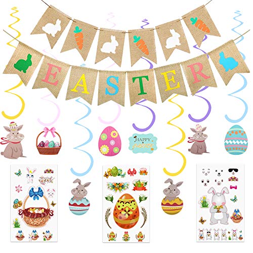 Zsroot Decoración para fiestas de Pascua, conejos, zanahorias, arpillera, decoración para colgar con conejos de Pascua, cesta de flores, pegatinas para fiestas de Pascua, ministerio de interiores