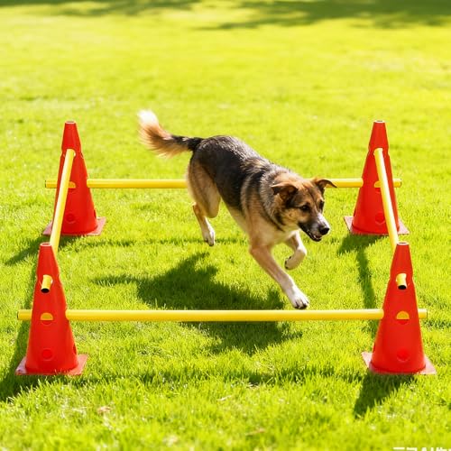 Weciau Steckhürdenset, Agility Set Hunde mit 8 Kegel(32cm) + 4 Stangen(80cm), Cavaletti Hund für Koordinationstraining, Pylonen Hundetraining, Einstellbare Trainingshürden für Hunde Teamsport Fussball