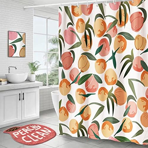 ACITLY Shower Curtain 72"×72" Peach Bathroom Decor Set with Bath Mat, Boho Peachy Pink Bathroom Rug Cute Cartoon Plush Shower Mat Funny Non-Slip Absorbent, Waterproof Bright Shower Curtain 12 Hooks