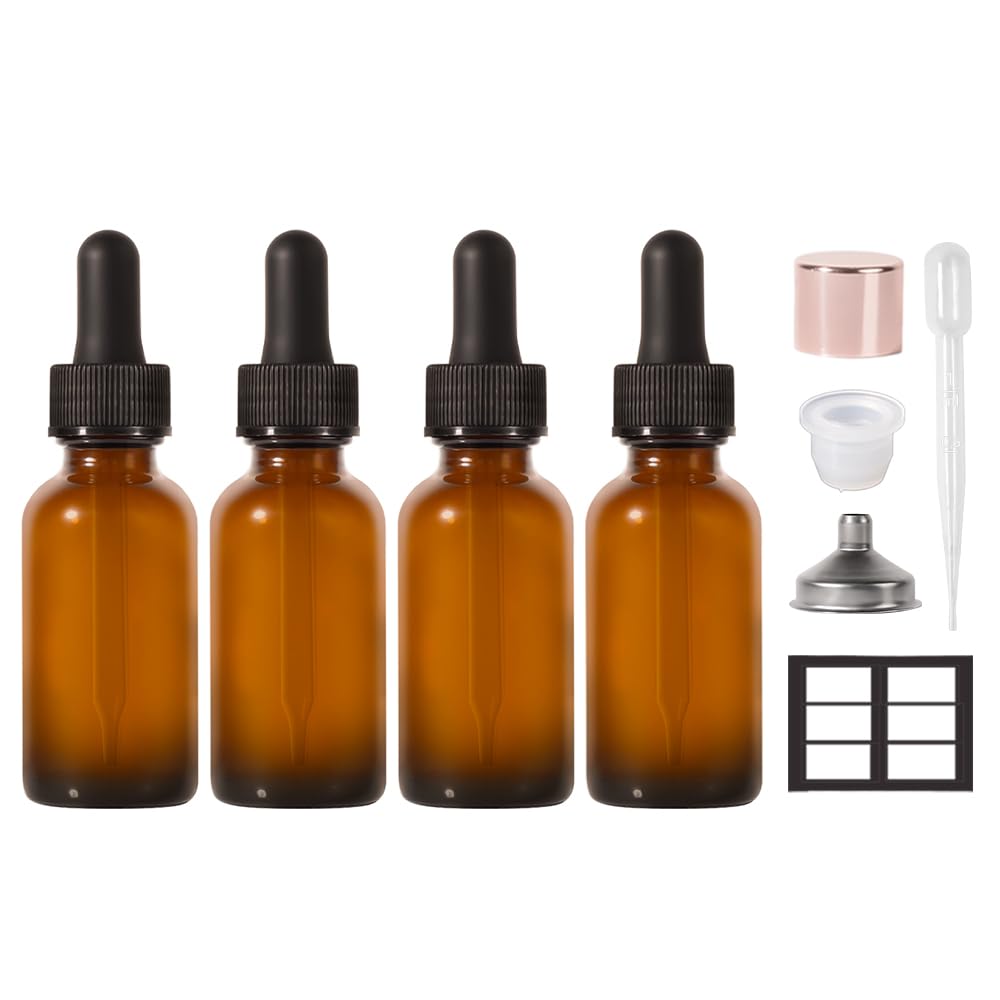 Dropper Bottle,1 oz 4 Pack Glass Droppers Bottle for Oils Eye Dropper Small Travel Oil Amber Dropper with 1 Funnel & 6 Labels - Essential Oils Bottles Tincture Bottles With Dropper Leakproof 