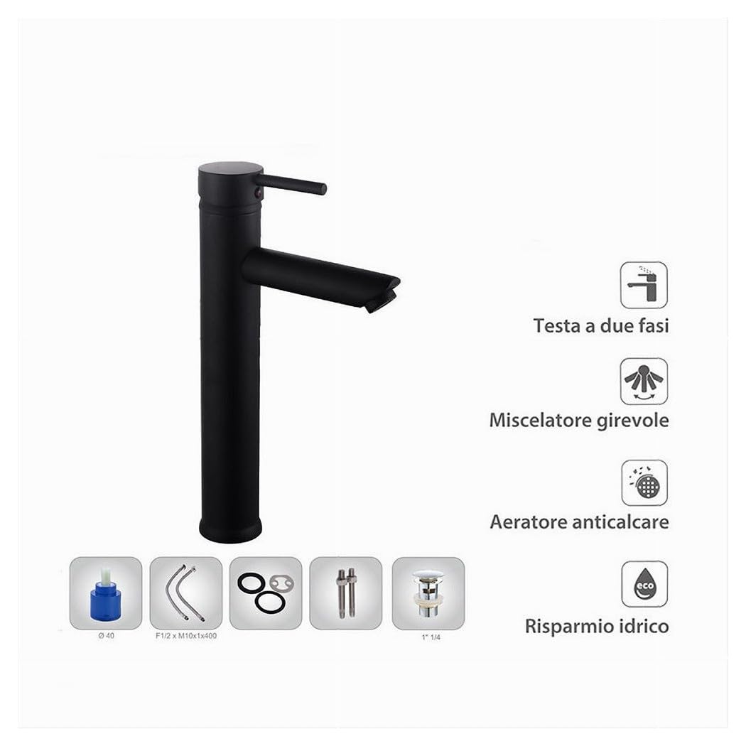 Trade Shop - Rubinetto Bagno Moderno Nero Opaco Miscelatore Orientabile Lavabo Canna Alta 87393 -