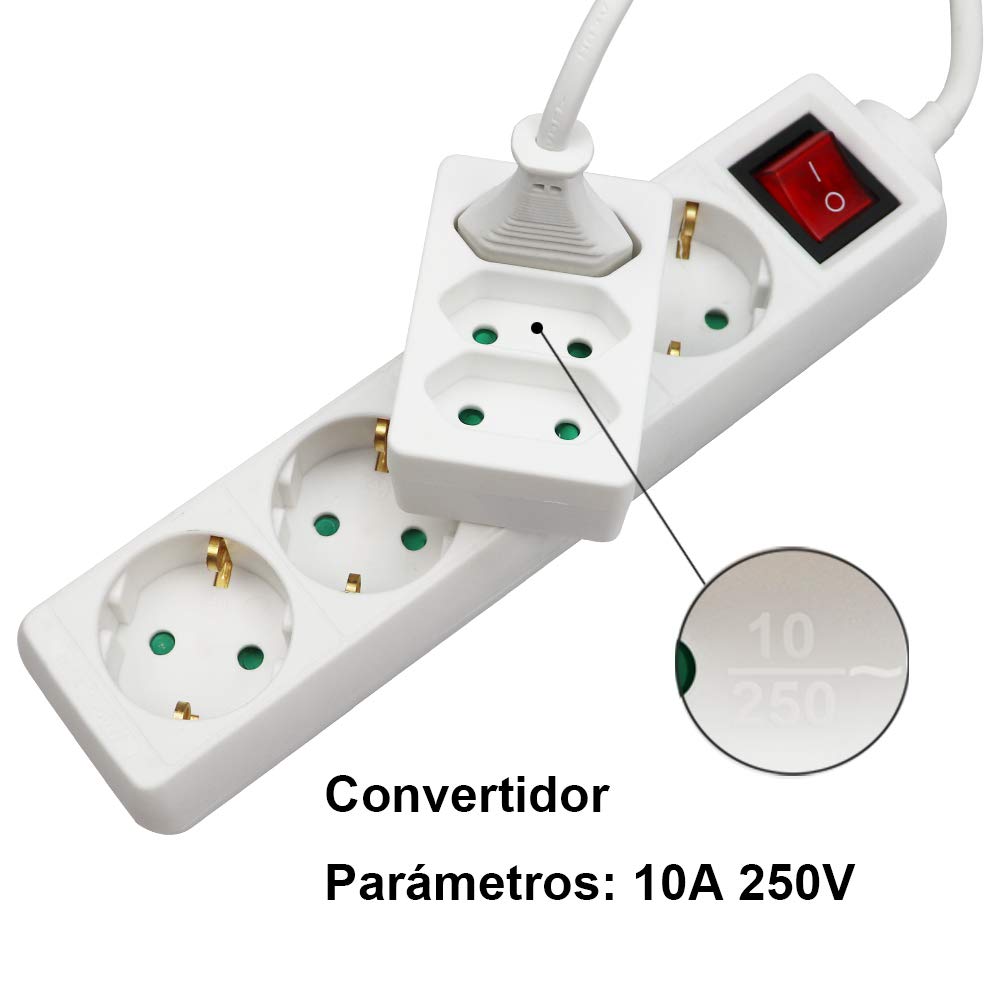 EXTRASTAR 3 en 1 Adaptador Plano con 3 Enchufes Schuko, 3 Tomas Adaptador, hasta Carge 2300W, 10A, 250V, Blanco, 2 pcs