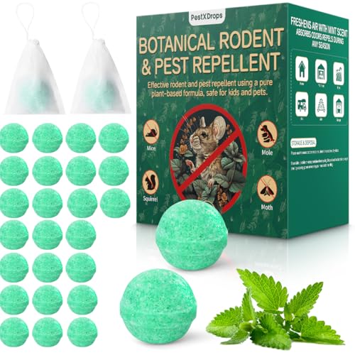 Rodent Mouse Repellent 28 pcs, Peppermint Oil Moth Balls for Mice Rats Deterrent, Natural Pest Control Mothballs for Rodents, Squirrels, Skunk, Mole, Gopher, Pets Safe, Indoor and Outdoor Use