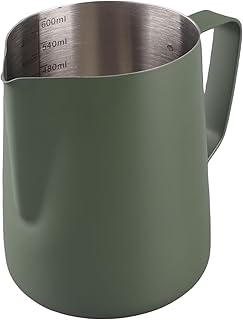 600ML Stainless Steel Milk Frother for Latte Art Jug with Inner Scale, Rustproof Coffee Foaming Cup for Barista 4.4 Inch High, Ideal for Home Use (Dark Green)