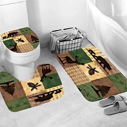 Earvo Forest Deer Bear Patchwork Pattern Shower Curtain, 4Pcs Bath Sets With Non-Slip Rugs U-Shaped Mat Toilet Lid Cover Pine Tree Pinecone, Polyester With 12 Hooks 71X72 In Setmyea38 #TOP6