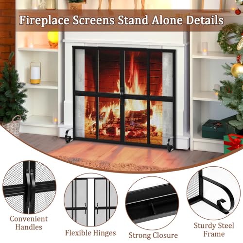 Fireplace Screen with Sliding Doors - 37.8\" W x 30.7\" H Farmhouse Handcrafted Wrought Iron Fire Spark Guard Fire Place Gate Protector for Living Room, Children & Pet Safety, Large Size