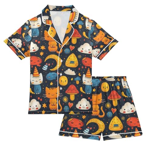 senya Cat Strawberry Satin Summer Pajama Sets Silk Short Sleeve Button Down Sleepwear