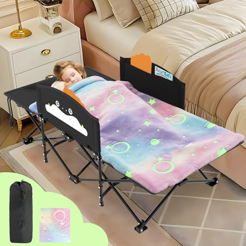 Slendor Toddle Cot Toddler Portable Bed w/Cartoon Handrail Blanket (5ft x 4ft) Folding Toddler Cots for Camping Travel Bed Extra Long Cot Length 56 Support 330 Lbs Black