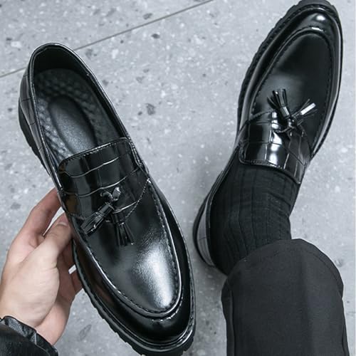 Men's Fashion Tassel Low Heel Leather Loafers Comfort Round Toe Lug Sole Slip-On Casual Shoes Business Office Non-Slip Dress Shoes4