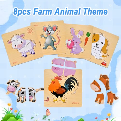 Image of 8pcs Wooden Puzzles for Toddlers 1-2-3-4, Farm Puzzles Ages 1-2-3-4 | Toddler Montessori Educational Jigsaw Toys, Preschool Puzzle Christmas Birthday Gift for Kids Girl Boy 1-4 Year Old