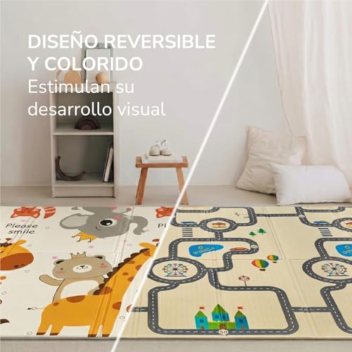 Miniatura 6 de Buddy Baby - Alfombra De Juegos Para Bebé Xxl180x200 Cm - Doble Cara, Tapete Muy Acolchado, Plegable Y Con Bolsa De Transporte Zoo Coches