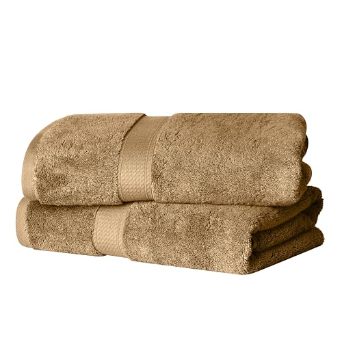 Superior Egyptian Cotton Pile Bath Towel Set of 2, Ultra Soft Luxury Towels, Thick Plush Essentials, Absorbent Heavyweight, Guest Bath, Hotel, Spa, Home Bathroom, Shower Basics, Toast