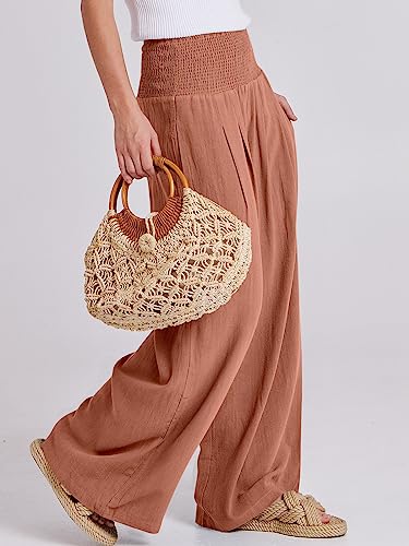 Image of ANRABESS Women Linen Palazzo Pants Summer Boho Wide Leg High Waist Casual Lounge Pant 2026 Beach Travel Vacation Outfits
