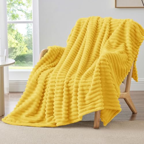 BEDELITE Fleece Throw Blanket for Couch - 300GSM Soft & Warm Fluffy Yellow Blanket, Decorative and Giftable Striped Blankets for Women, Men, 50'x60'