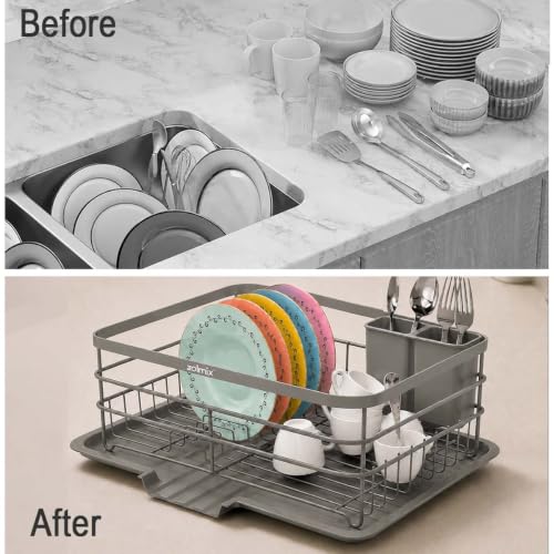 Image of ZOLMIX Dish Drying Rack, Dish Drainer Basket with Drainer Tray, Utensils Drying Rack Anti-Rust Detachable Cutlery Holder, Bartan Basket with Drain Tray, Kitchen Utensils Organizer, Grey (42x32x13 CM)