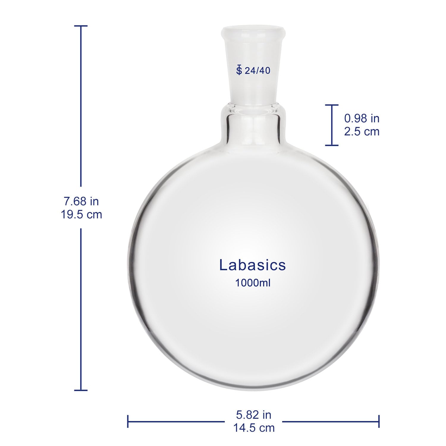 Labasics Glas-Rundkolben, Borosilikatglas, Dickwandiger Kurzhals-Rundkolben Einhals mit Einem 24/40 Normschliff-Außenkern, 1000 ml