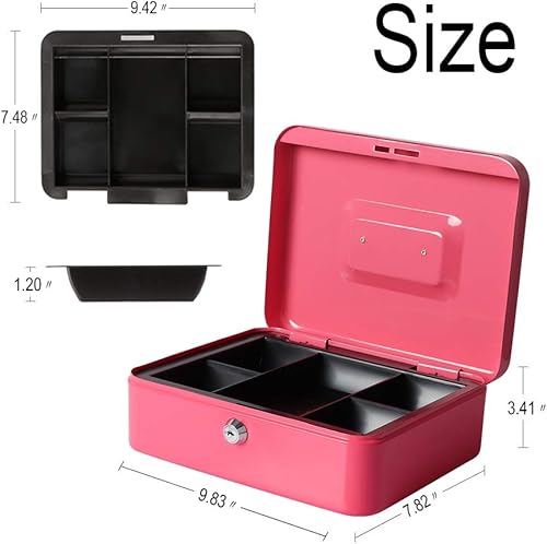 Vista 4 de Decaller - Caja de efectivo metálica con bandeja de dinero, con cerradura de llave para seguridad, rosa, mediana, 23,8 x 19,8 x 8,89 cm Rosa/Rebel